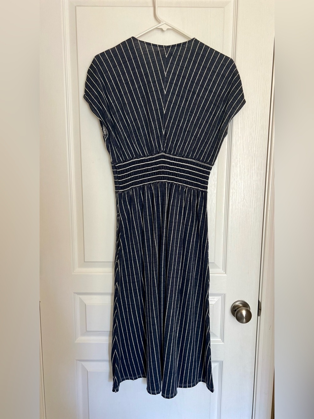 Navy and White Pinstripe A-line Midi Dress with Pockets Nautical Coastal Grandma - Picture 3 of 9